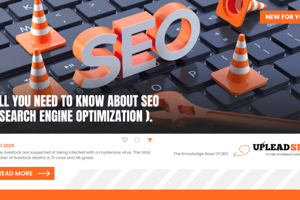 Modern SEO concepts illustrated with a red and white hospital-themed Instagram post design featuring a stylized healthcare facility silhouette and search optimization graphics.
